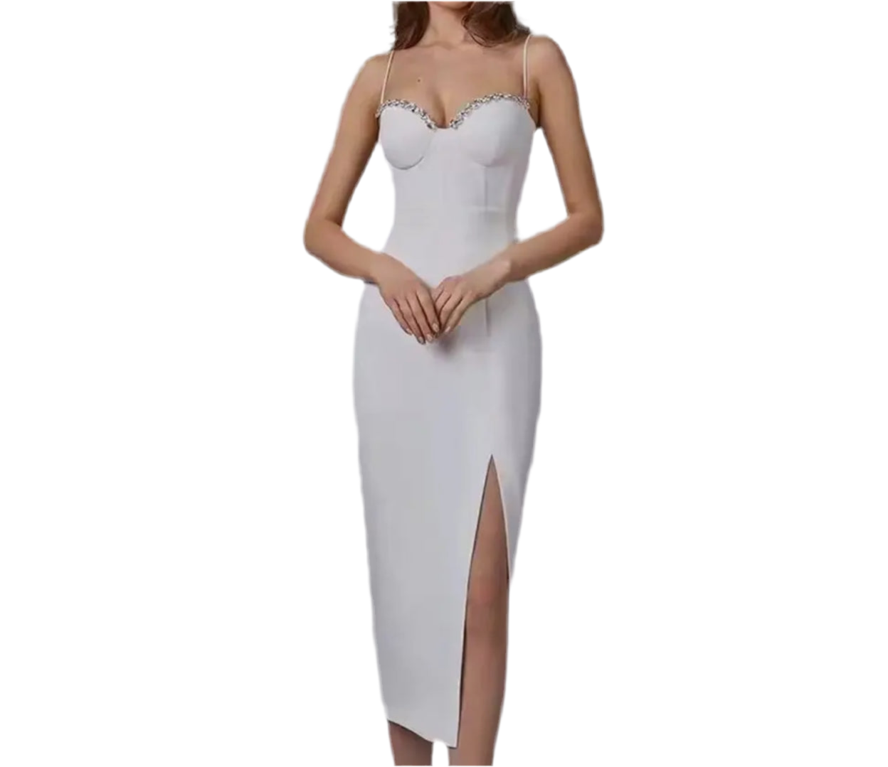 Diamonds studded sling Bandage Midi white dress