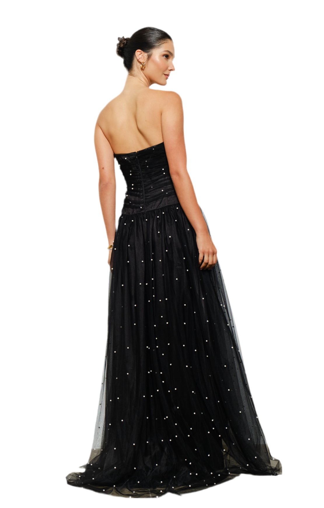 Pearl-Embellished Layered Tulle Maxi Dress