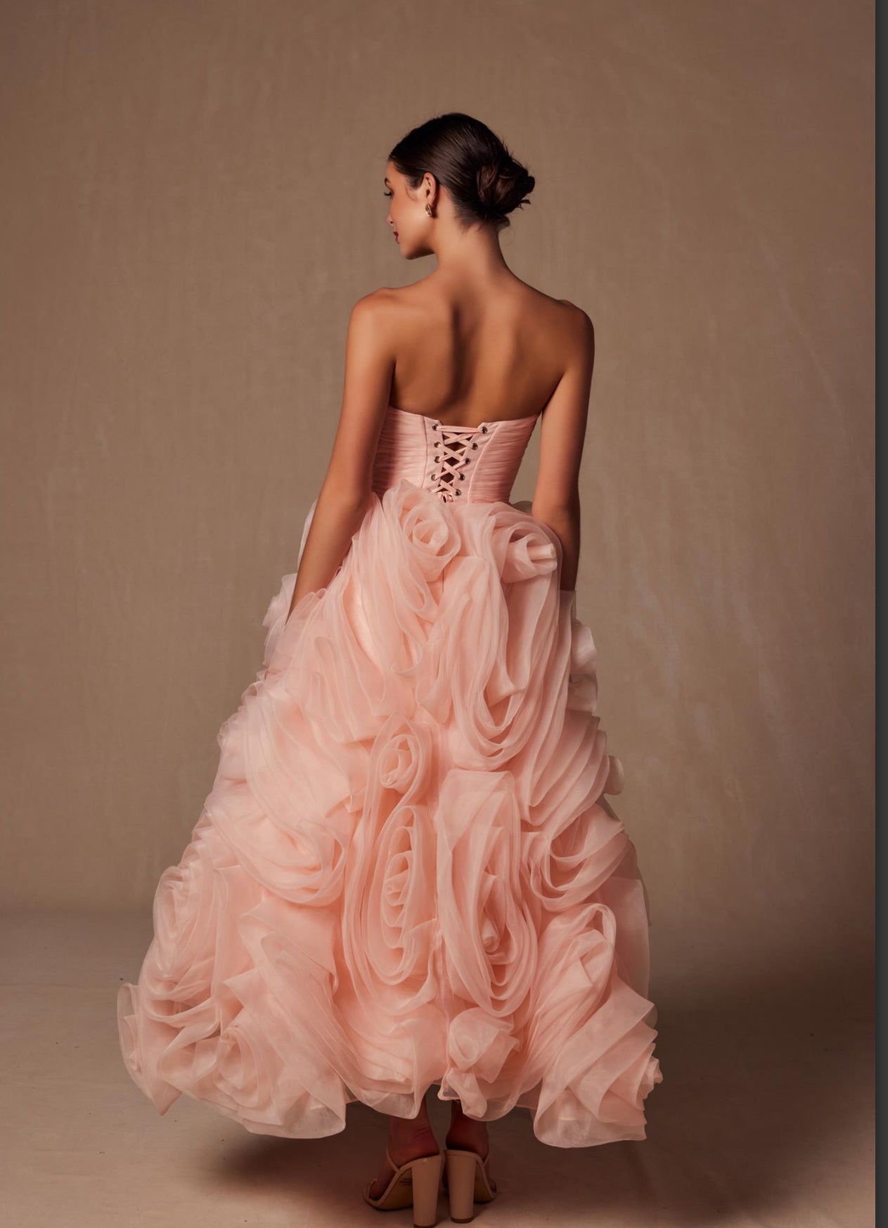 Peach Color Strapless Corset Rosette Dress