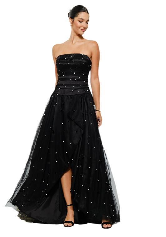 Pearl-Embellished Layered Tulle Maxi Dress