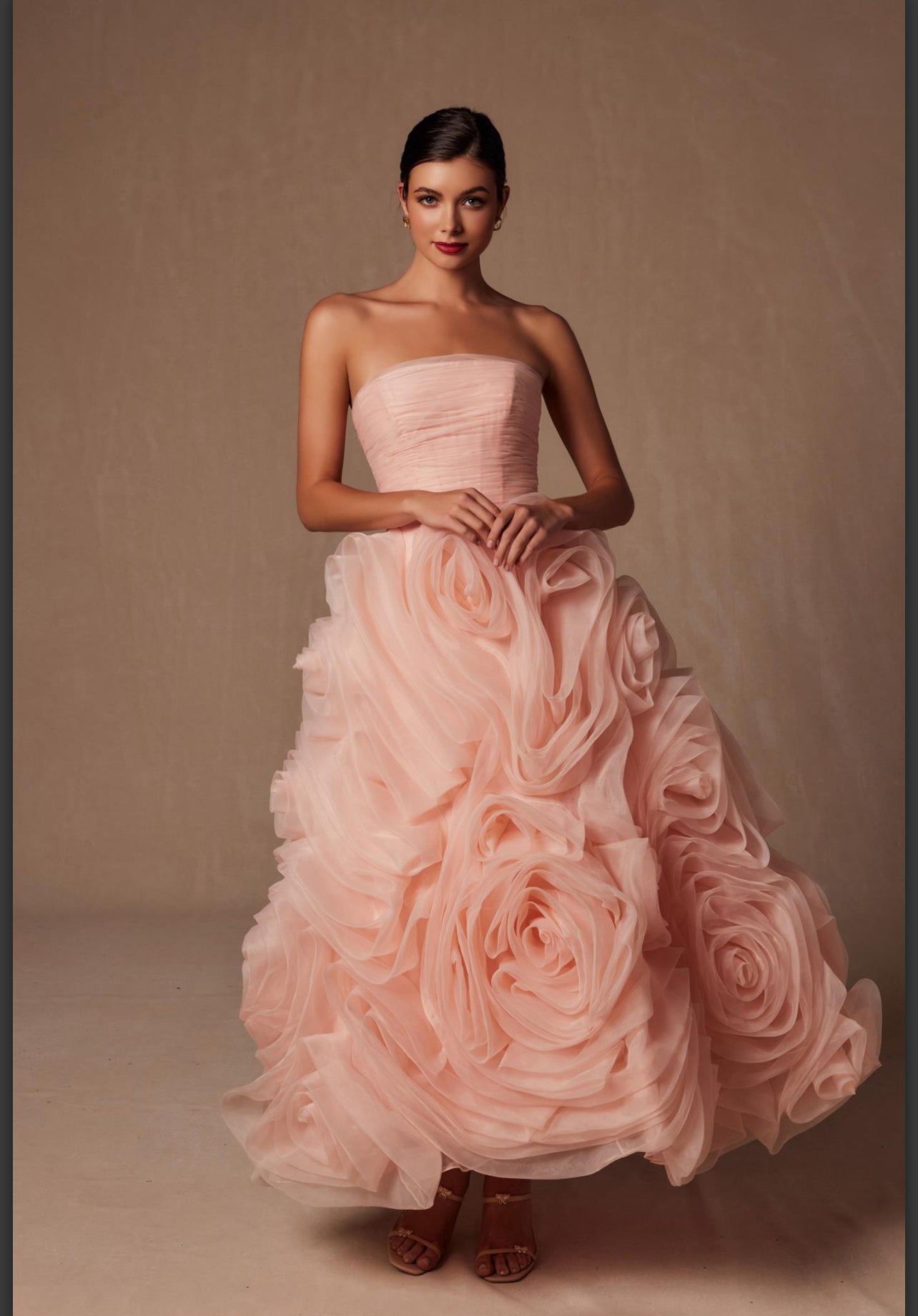 Peach Color Strapless Corset Rosette Dress Tabu Formal and Bridal Peach Color Strapless Corset Rosette Dress Tabu Formal and Bridal
