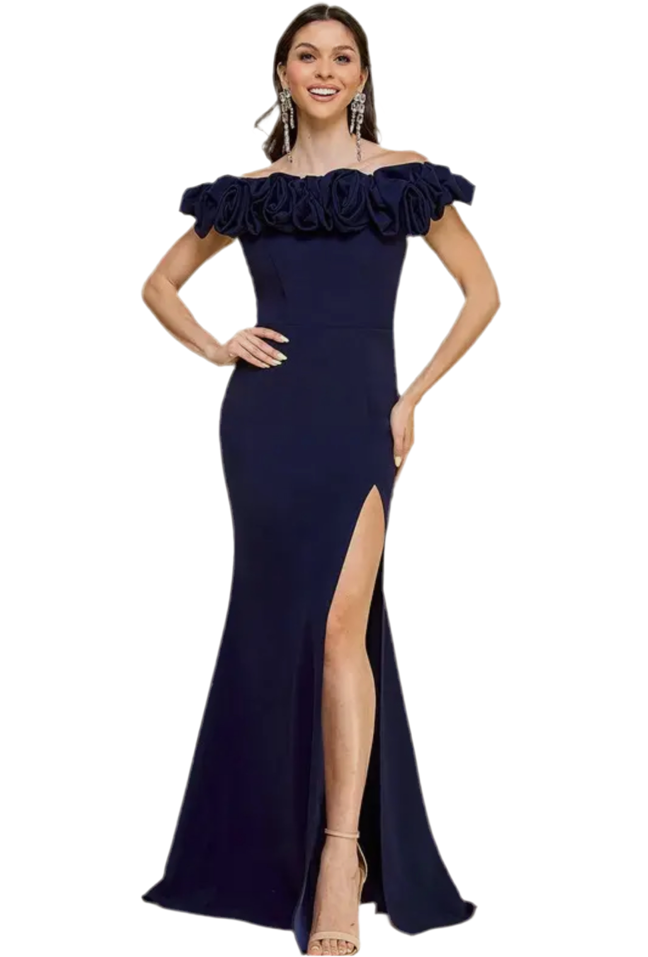 Navy Rosette detail neckline max dress