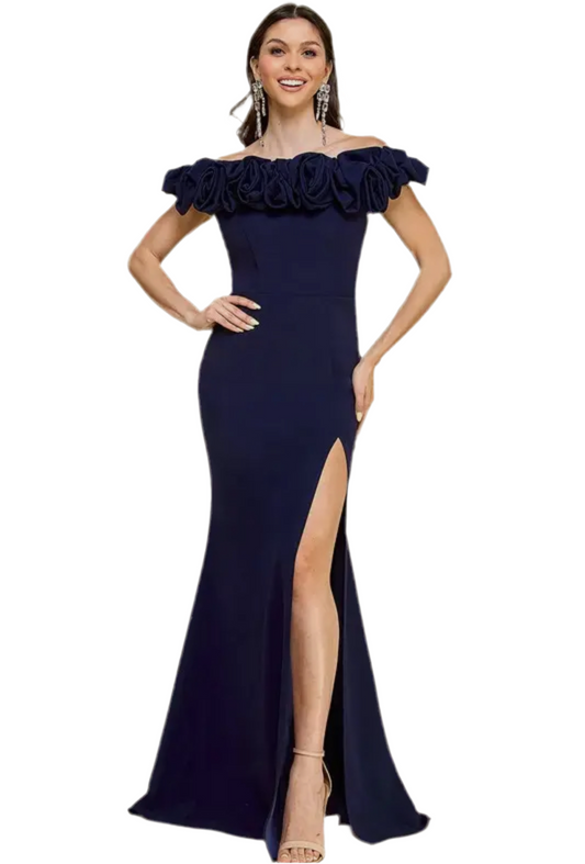 Navy Rosette detail neckline max dress