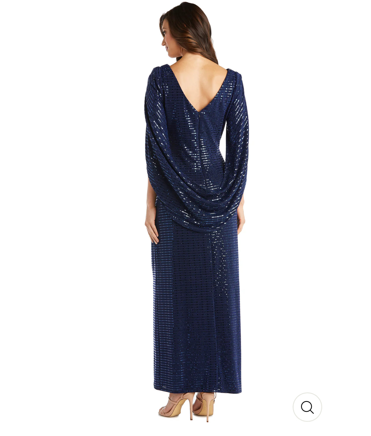 Navy Blue Long Metallic Dress with Back Drape Sleeves