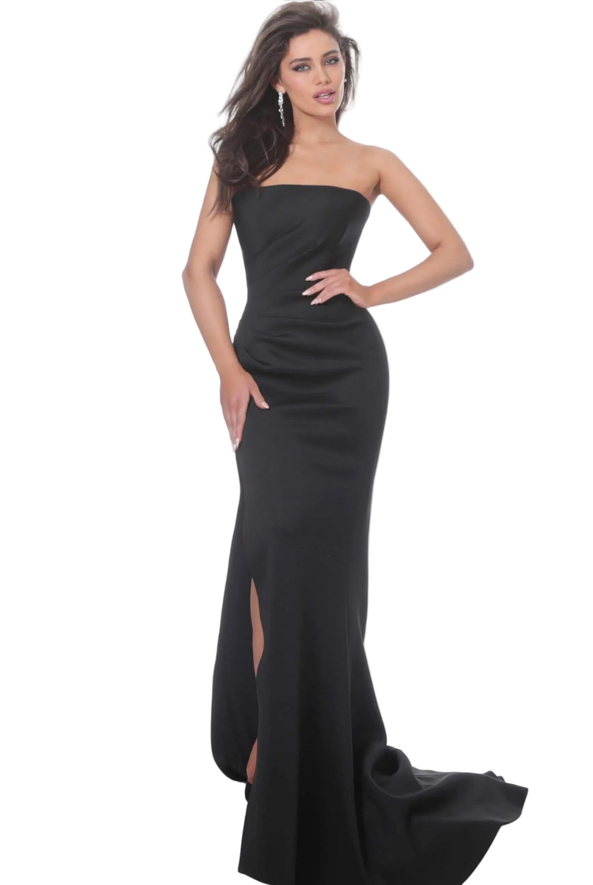 Black Jovani Strapless Scuba Sheath Gown with High Slit