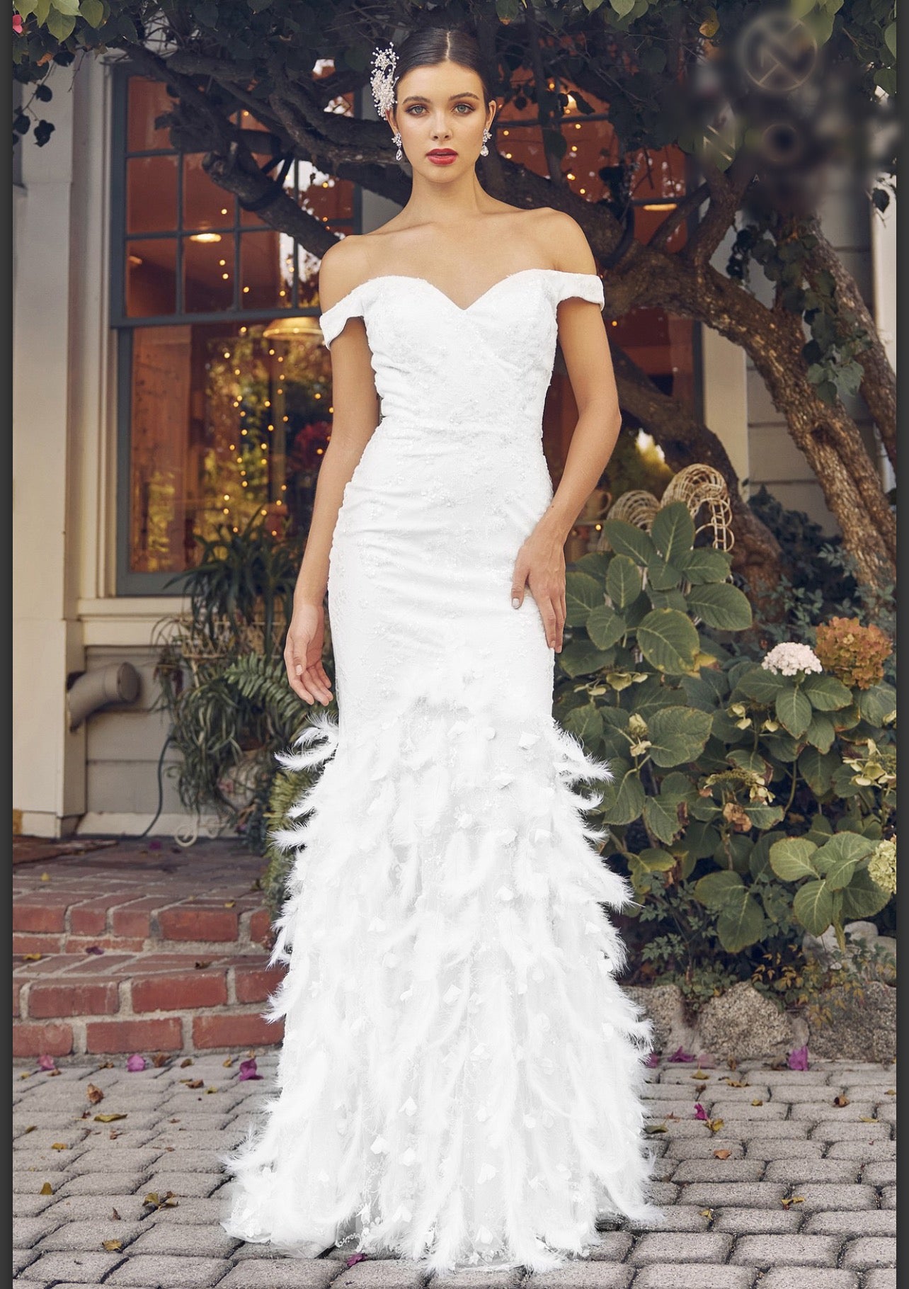 Beaded Off Shoulder Sheath Gown with Feather Accents