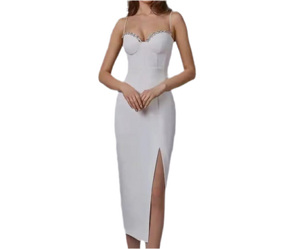 Diamonds studded  sling  Bandage Midi white dress