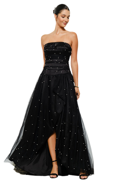 Pearl-Embellished Layered Tulle Maxi Dress