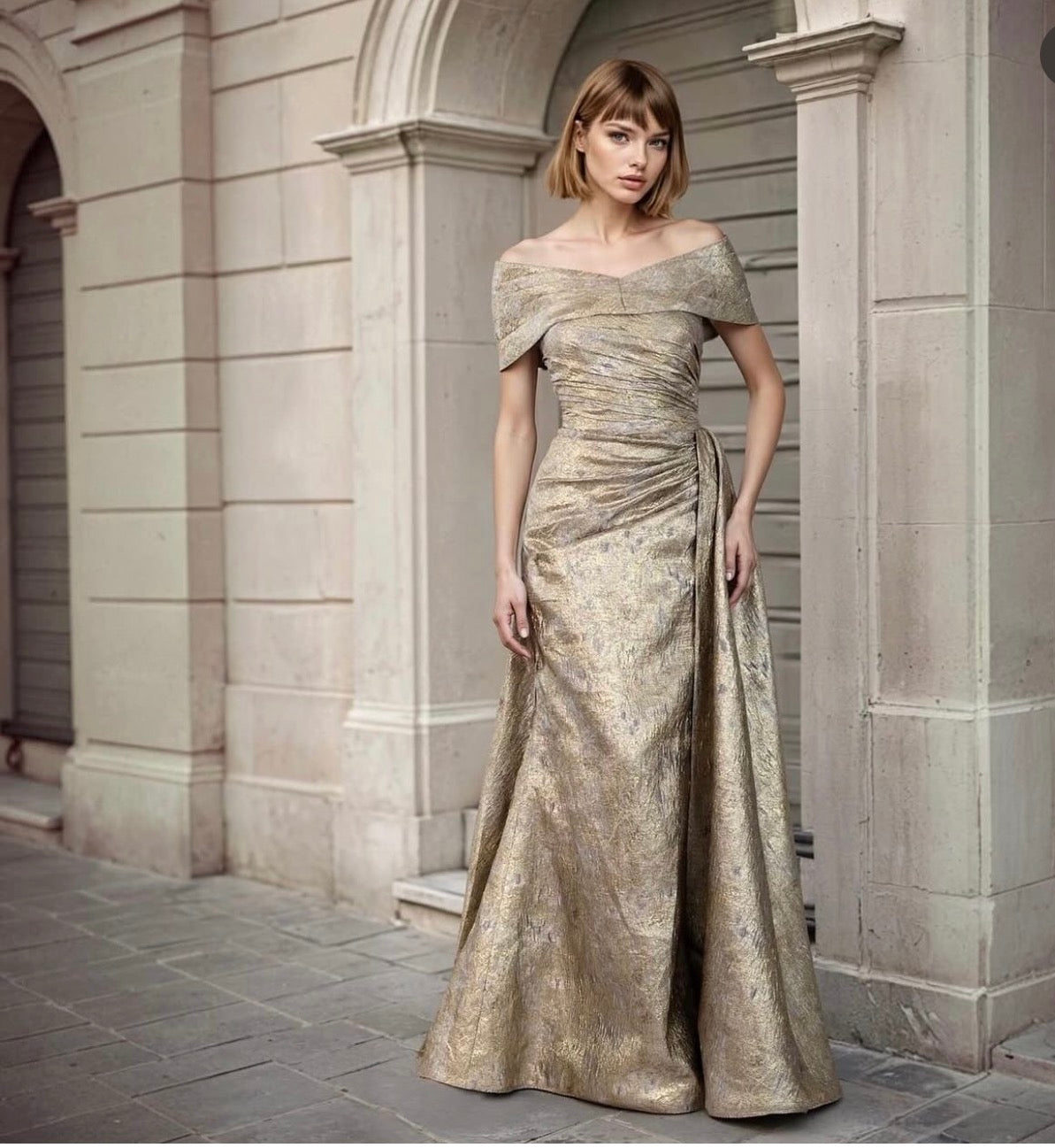 Viral Gold metallic infinity scarf gown