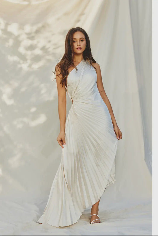 One-Shoulder Pleated Satin Gown