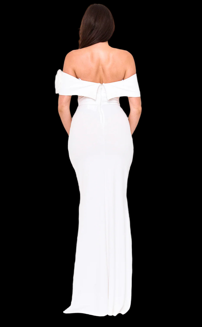 FLOWER CORSAGE OFF THE SHOULDER MAXI DRESS