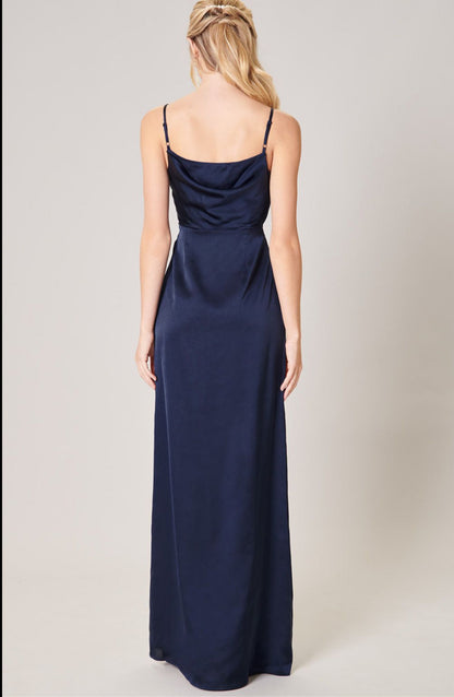 Navy Blue Charisma cowl necklace satin Long Dress