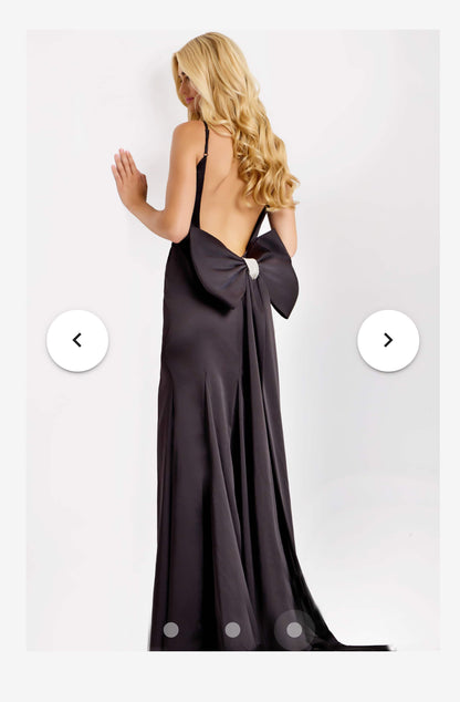 Jovani Satin Plunging V-Neck Gown with Oversized Back Bow