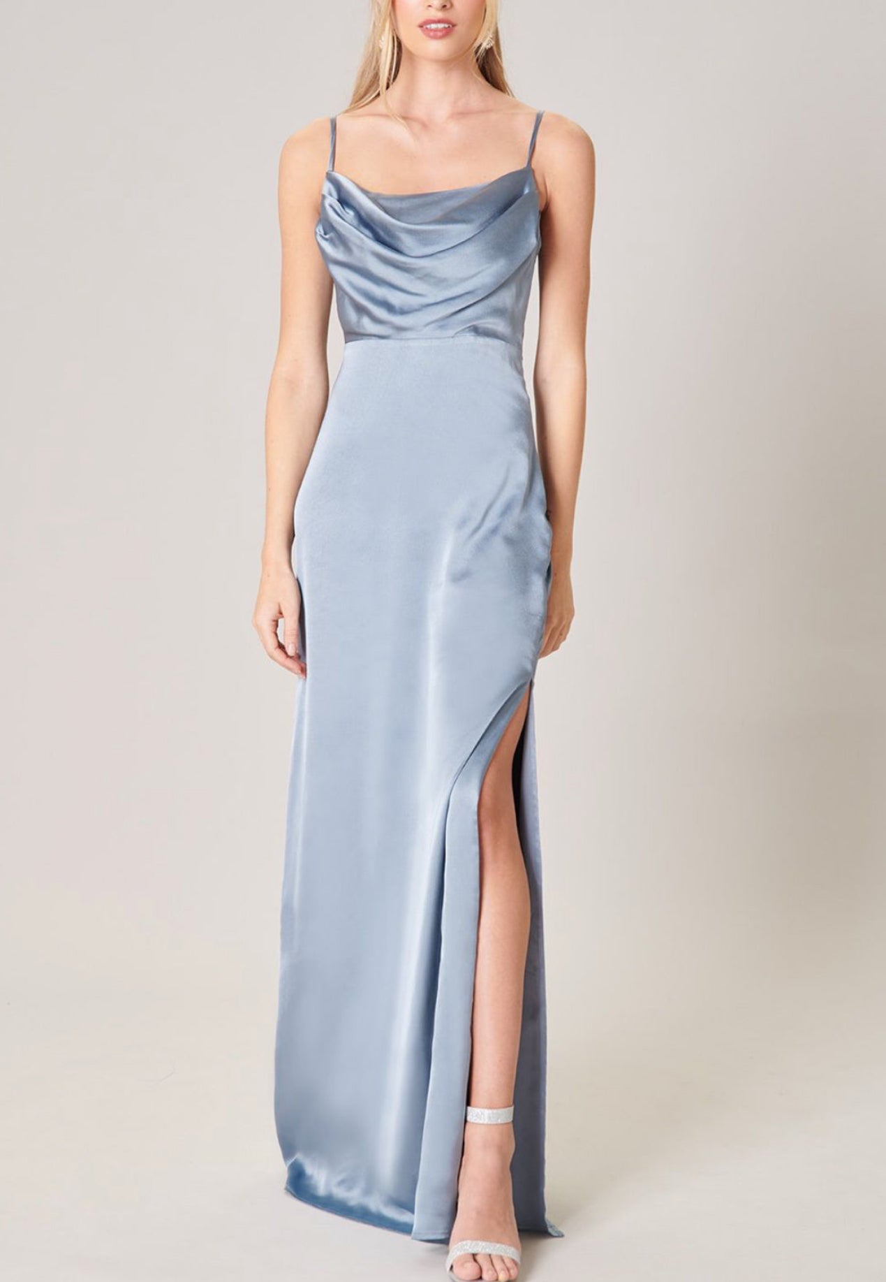 Dust Blue Charisma cowl necklace satin Long Dress