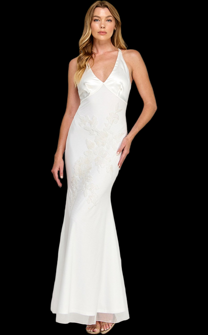 V neck backless flower details white maxi dress