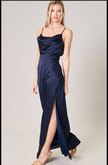 Navy Blue Charisma cowl necklace satin Long Dress