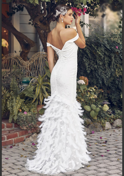 Beaded Off-Shoulder Sheath Gown with Feather Accents